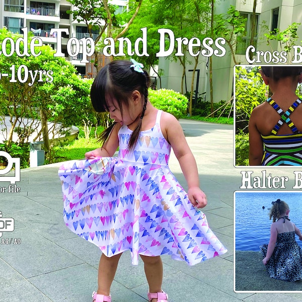 Rhode Top Dress 6mo - 10yrs Halter, cross straps, pockets, circle skirt, knits, projector, A0, US letter, A4, layers, PDF