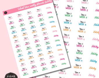 May include: A set of colorful school term weekly planner stickers with the text "School term weekly planner stickers" at the top. The stickers are organized by term and week, with each sticker featuring a different color and the text "Term 1", "Term 2", "Term 3", or "Term 4" followed by "Week 1", "Week 2", etc. The stickers also include the word "Holiday" in a pink color.