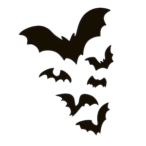 May include: A collection of black bat silhouettes in various sizes and poses against a white background. The bats are depicted with outstretched wings, creating a dynamic and spooky Halloween theme.