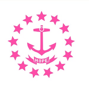 May include: A white background with a pink anchor in the center, surrounded by a circle of pink stars. A pink banner with the word "HOPE" is across the anchor. This design is the official flag of Rhode Island.