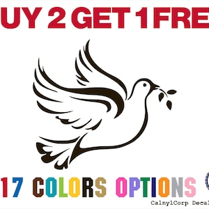 May include: A brown dove carrying an olive branch, with the text "BUY 2 GET 1 FREE" in red. Below, the text "17 COLORS OPTIONS" is displayed in various colors. A "Made in USA" seal is visible.