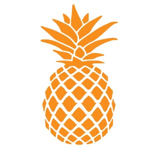 May include: Orange pineapple illustration on a white background. The pineapple is a stylized design with a textured, diamond-patterned body and spiky crown. The image is a simple, graphic representation of the tropical fruit.