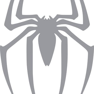 May include: A gray spider emblem with eight legs and a detailed body. The spider design is a solid color and is set against a white background. The spider's legs are long and pointed.