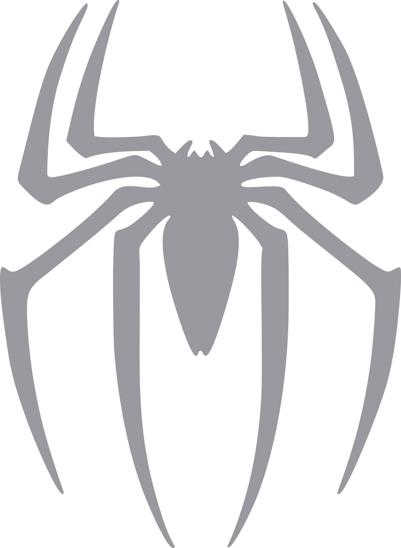 May include: A gray spider emblem with eight legs and a detailed body. The spider design is a solid color and is set against a white background. The spider's legs are long and pointed.