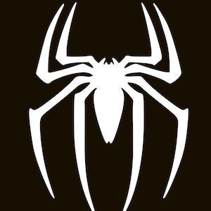 May include: A white spider emblem with eight legs and a central body, set against a solid black background. The spider design is a stylized, symmetrical graphic, with sharp, angular lines defining its form. The overall aesthetic is clean and bold.