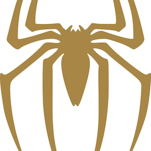 May include: A gold-colored spider emblem with eight legs and a segmented body, set against a white background. The spider's legs are long and slender, with a pointed tip. The design is symmetrical and stylized.