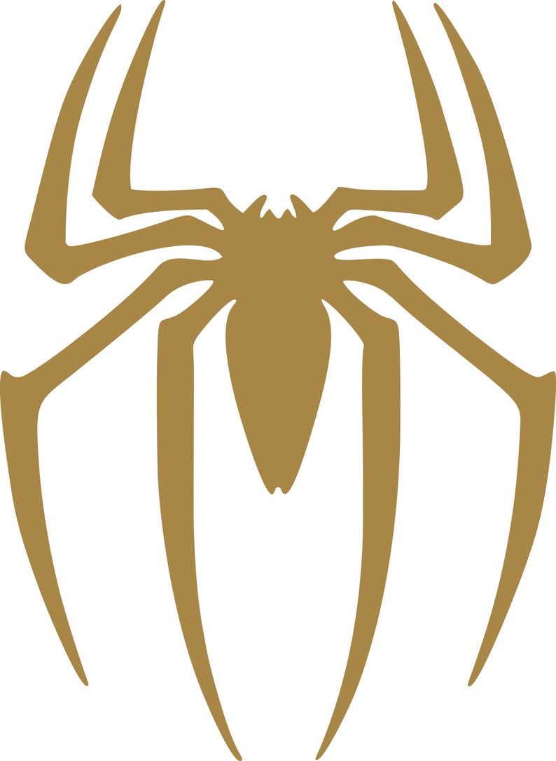 May include: A gold-colored spider emblem with eight legs and a segmented body, set against a white background. The spider's legs are long and slender, with a pointed tip. The design is symmetrical and stylized.