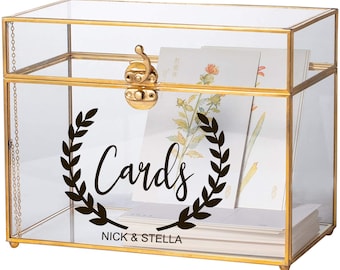 Cards with Wreath Leaves & Couples Names Decal - Wedding Card Box Decal- Vinyl Decal For Card Box - Wedding Cards Sticker (BUY 2 GET 1 FREE)