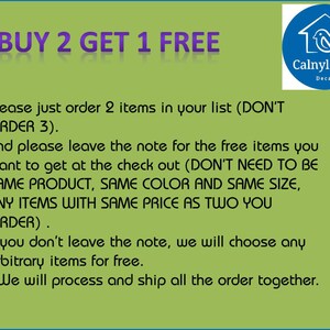 May include: A green background with the text "BUY 2 GET 1 FREE" in purple. Additional text explains the offer: order two items, leave a note for the free item, or one will be chosen. A blue circle logo with a house and bird is in the upper right.