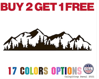 May include: A black mountain range silhouette with trees is featured on a white background. The text "BUY 2 GET 1 FREE" is in red. Below, the text "17 COLORS OPTIONS" is displayed in various colors, with a "MADE IN USA" seal.