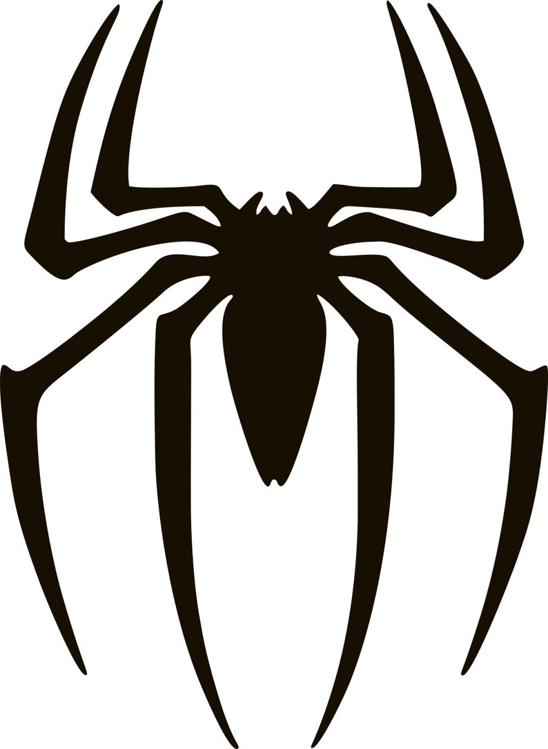May include: A black spider emblem with eight long, curved legs and a central body. The spider design is a silhouette, set against a white background. The legs are evenly spaced and taper to a point.