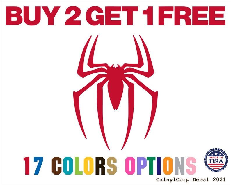 May include: A red spider emblem with long, pointed legs and a central body, set against a white background. The text "BUY 2 GET 1 FREE" is above the emblem. Below, it says "17 COLORS OPTIONS". The decal is made in the USA.