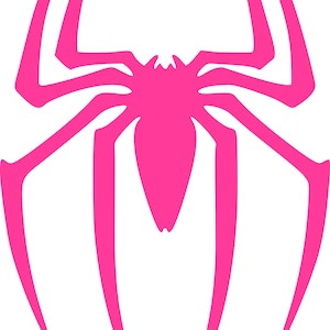 May include: A bright pink spider emblem with eight long, slender legs and a detailed body. The spider design is set against a clean white background, creating a striking contrast. This graphic is ideal for apparel and accessories.