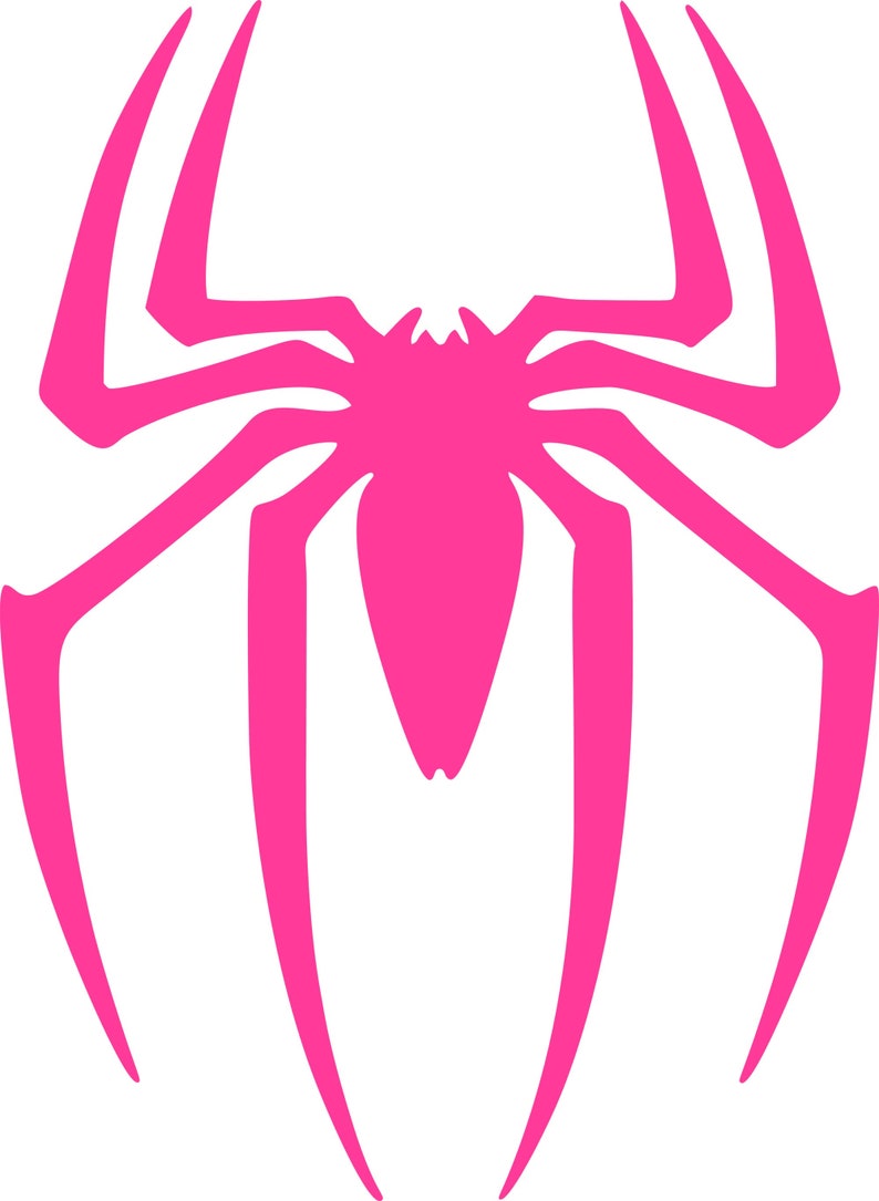 May include: A bright pink spider emblem with eight long, slender legs and a detailed body. The spider design is set against a clean white background, creating a striking contrast. This graphic is ideal for apparel and accessories.