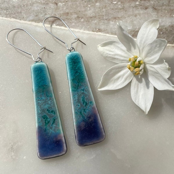 Ceramic handmade purple and blue earrings, sterling silver kidney ear wires,  colourful and unique earrings