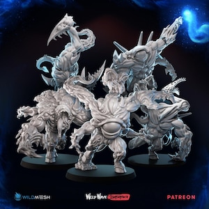 May include: A collection of five detailed, gray monster figurines with various menacing poses. Each figure has a unique design, featuring sharp claws, horns, and textured skin. The figures are on black bases, with the WildMesh and Wild Wave Starterpack logos visible.