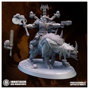 May include: A detailed, gray miniature figure of a warrior riding a horned beast, wielding a chainsaw and a pistol. The warrior is adorned with skulls and armor. The base features a skull and the text "IMMATERIUM GOD MINIATURES".