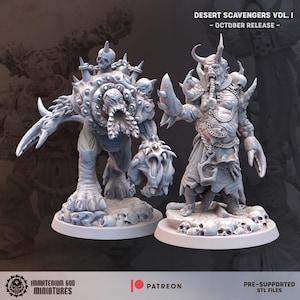 May include: Two detailed, gray miniature figures from the "Desert Scavengers Vol. I" collection. One figure is a monstrous creature with a large, textured body and clawed hands. The other is a humanoid figure with horns and a beard, holding a blade. The figures are on bases.