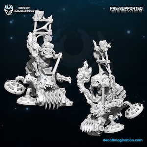 May include: Two 3D printed miniature models of fantastical creatures riding mechanical contraptions. The creatures are green and have large eyes and sharp teeth. The contraptions are made of metal and have wheels and gears. The models are pre-supported and ready to be printed.