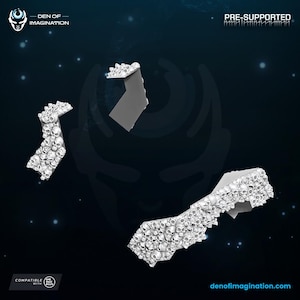 May include: Three pre-supported, 3D-printed skull-covered architectural elements. The pieces are white and appear to be designed for a tabletop game. The Den of Imagination logo is in the upper left corner, and the text "PRE-SUPPORTED" is at the top.
