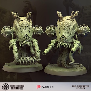 May include: Two detailed, light green miniature figures of a monstrous creature with multiple eyes, sharp teeth, and tentacle-like appendages. The figures have a mechanical appearance with circular elements on the sides. The base reads "Immaterium God Miniatures" and "Patreon".