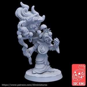May include: A light gray fantasy miniature of a goblin-like character with a long nose, mushroom-like growths, and a staff. The figure wears a robe and a medallion with a flame design. The base is a light gray color. The Orc King logo is in the bottom right corner.