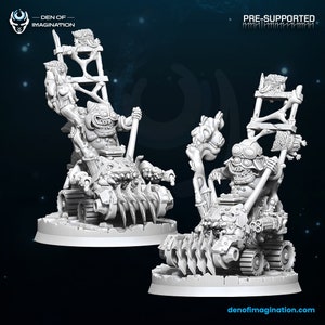 May include: Two gray 3D printed miniature figures of grotesque creatures riding on small, detailed, wheeled vehicles. Each vehicle has a ladder on the back and a weapon on the front. The figures are holding weapons and have a menacing expression.