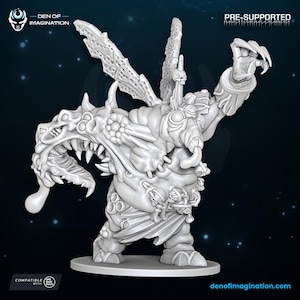 May include: A 3D-printed, pre-supported miniature of a monstrous creature with sharp teeth, claws, and wings. The figure has a detailed, textured surface and is posed in a dynamic stance. The text "DEN OF IMAGINATION" and "PRE-SUPPORTED" are visible.