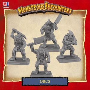 May include: A set of four gray Orc figurines from "Monstrous Encounters." Each Orc is in a battle stance, holding a weapon. The figures stand on individual square bases. The text "ORCS" is displayed on a blue banner.