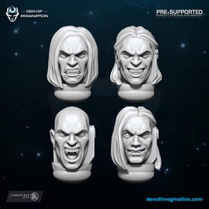 May include: Four white, pre-supported, 3D-printed miniature heads with angry expressions. Each head features detailed facial features, including sharp teeth and furrowed brows. The Den of Imagination logo is in the upper left corner, and the website address is at the bottom.