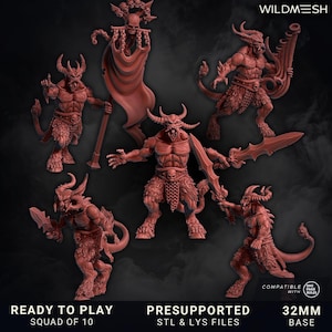 May include: A collection of red demon figurines with horns, claws, and weapons. The figures are in various poses, some holding swords or staffs. Text at the bottom reads "READY TO PLAY SQUAD OF 10" and "PRESUPPORTED STL & LYS FILES". The base size is 32mm.