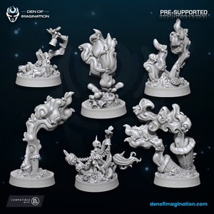 May include: Six pre-supported 3D printed miniature models of fantastical plants with intricate details. The models are in a light gray color and feature a variety of shapes and textures.  The models are compatible with 28mm scale games.