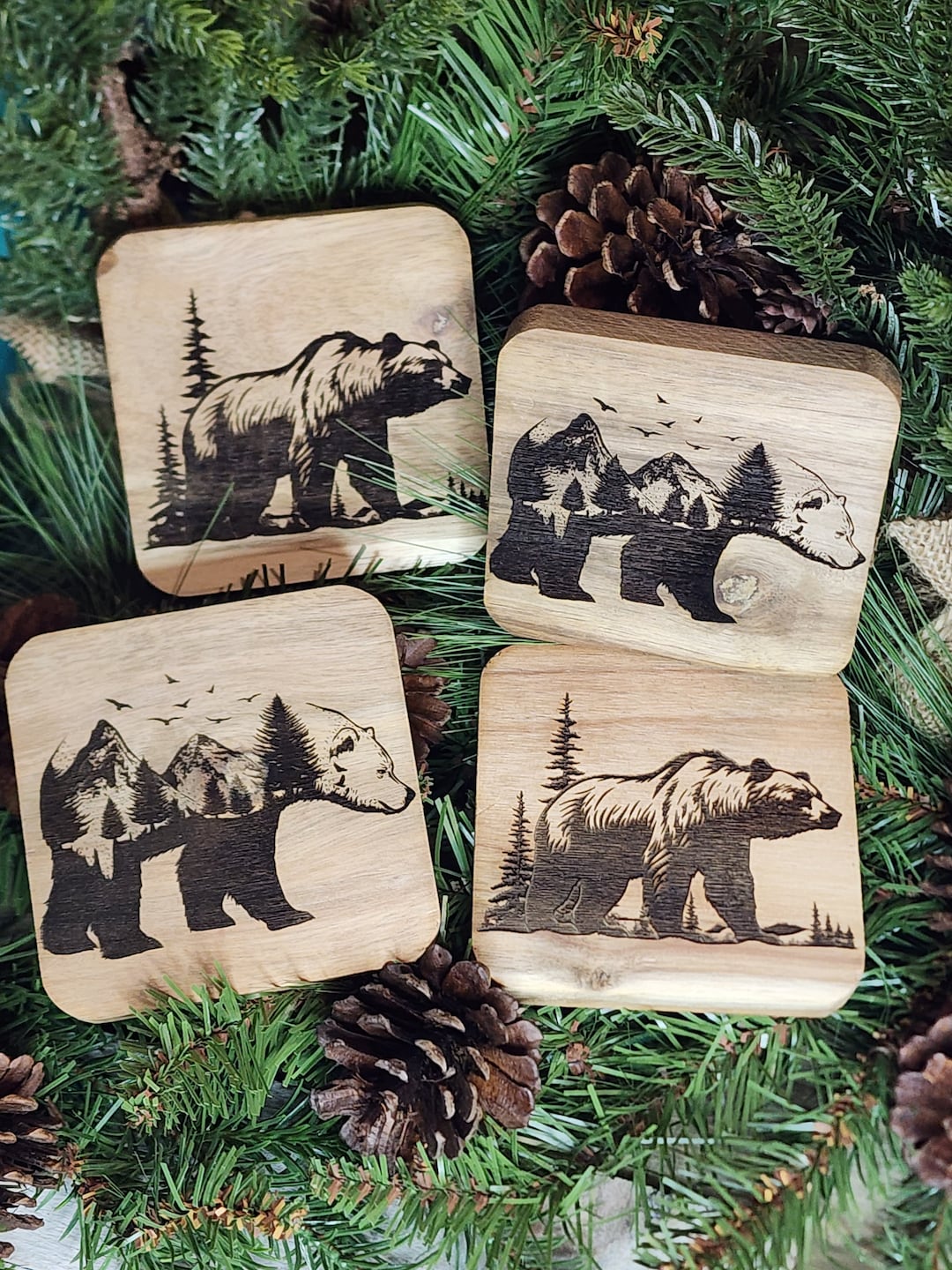 Acacia Wood Bear Engraved Coaster Set. Bear Coasters, Square Coasters ...