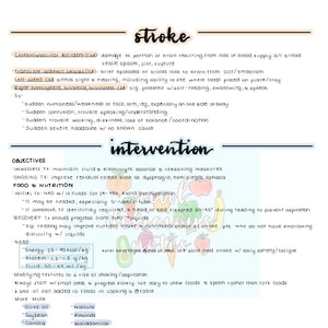 May include: A pink and green illustrated guide to stroke intervention with a focus on nutrition. The guide includes information on immediate and ongoing treatment, food and nutrition needs, and dietary recommendations.