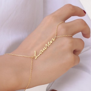 Custom Name Finger Bracelet, Gold Plated Sterling Silver Hand Chain