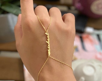 Cadena de mano personalizada, nombre esclavo de cadena de mano, joyería de pulsera de nombre ajustable oro macizo de 14K para su dama de honor de cumpleaños de regalo