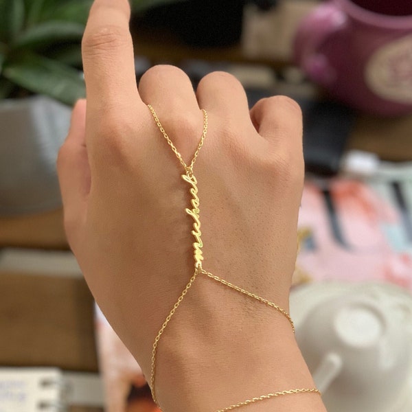 Custom Hand Chain, Name Hand Chain Slave, Adjustable Name Bracelet Jewelery 14K solid Gold For Her Gift Birthday Bridesmaid