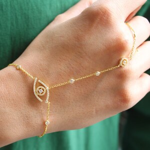 Pulsera de mano de ojo malvado de plata esterlina: cadena de circonitas ajustable