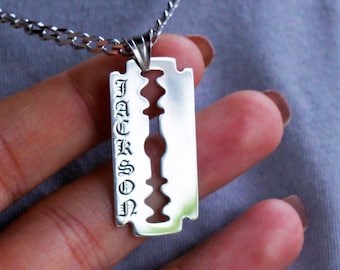 Engraved Razor Blade Necklace: Sterling Silver Curb Chain, Custom