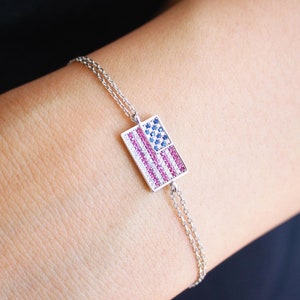 925 Sterling Silver American Flag Bracelet – Patriotic Jewelry Gift for Women, USA Citizenship Gift, 4th of July Accessory