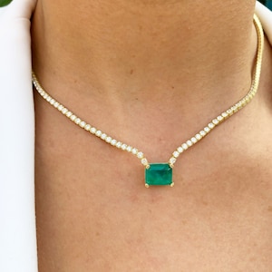 Emerald Necklace Gold Filled, Tennis Chain, Green Jewelry for Wedding, Emerald Stone, Silver Gemstone Necklace, Gift For Christmas