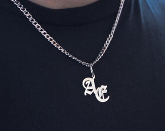 Personalized Gothic Initial Necklace - Sterling Silver Curb Chain