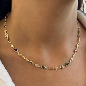 Sterling Silver Gemstone Choker: Dainty Rainbow Bezel Necklace