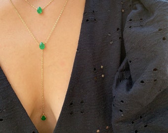 Colgante de esmeralda de plata de ley, boda de collar lariat, joyería Y, capas de collar delicado, regalo de cumpleaños para mujeres, esmeralda verde