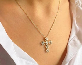 Dainty Gold Cross Necklace Women Unique Floral Pendant 14K Gold Plated Silver Christian Jewelry