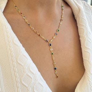 Sterling Silver Lariat Necklace: Multicolored Gemstone Y-Necklace