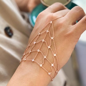 Sterling Silver Hand Chain Bracelet: Rose Gold Bohemian Finger Jewelry