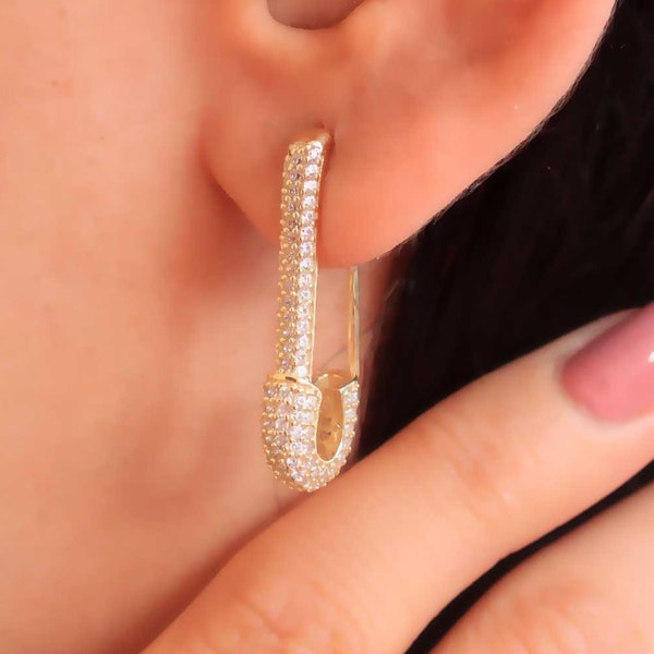 Boucle d'oreille épingle, boucle d'oreille de sécurité, trombone en argent, bijoux à crochet en argent 925, cadeau de meilleur ami en zircone cubique pour femme