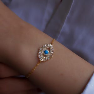 Gold Evil Eye Bracelet: Turquoise, Cubic Zirconia, 925 Sterling Silver