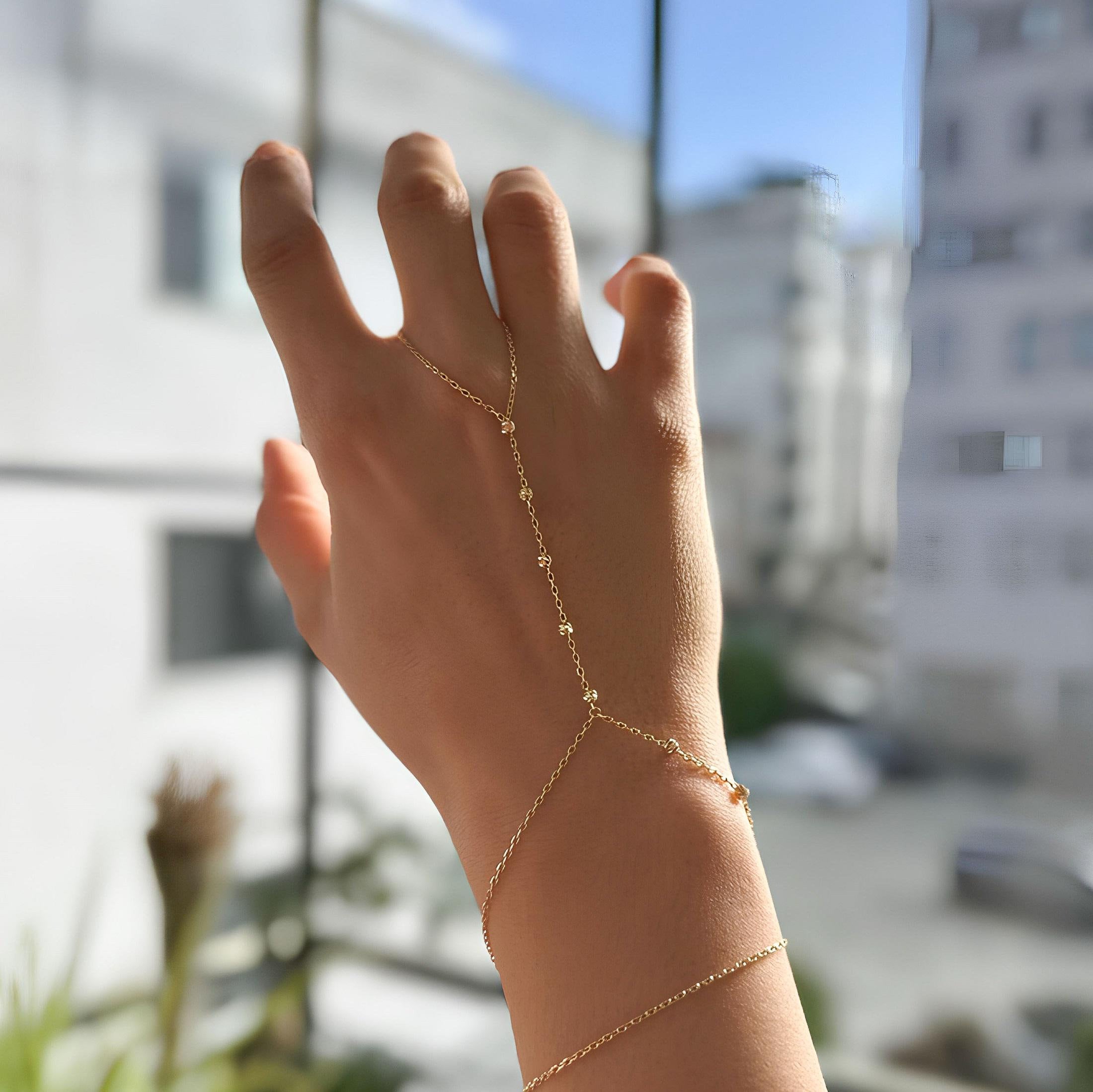 925 Sterling Silver Minimalist Hand Chain Bracelet – Gold-Plated Adjustable Finger Bracelet Jewelry, Dainty Gift for Women